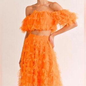Klesis Orange Textured Fringe 2-Piece Set – Maxi Skirt & Ruffle Crop Top